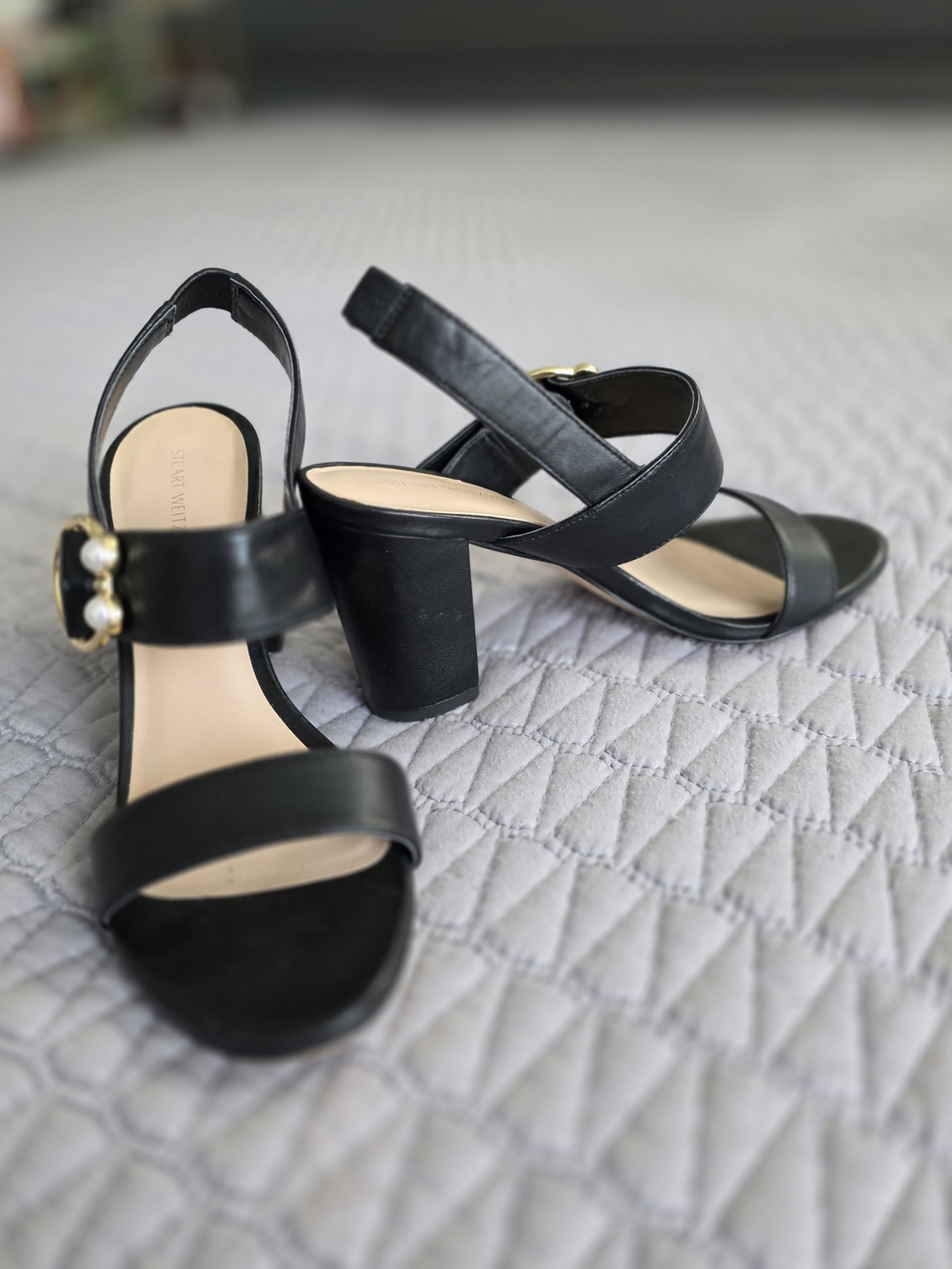 Stuart Weitzman Black Block Heel Sandals with Pearl-Trim Buckle Size 6.5